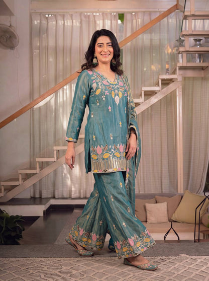 LadyVastara Premium Sindoori Satin Silk Embroidered Palazzo Suit Set for Women