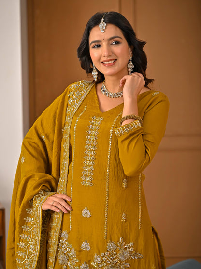 LadyVastara Women's Heavy NC Vichitra Embroidered Sharara Set with Dupatta