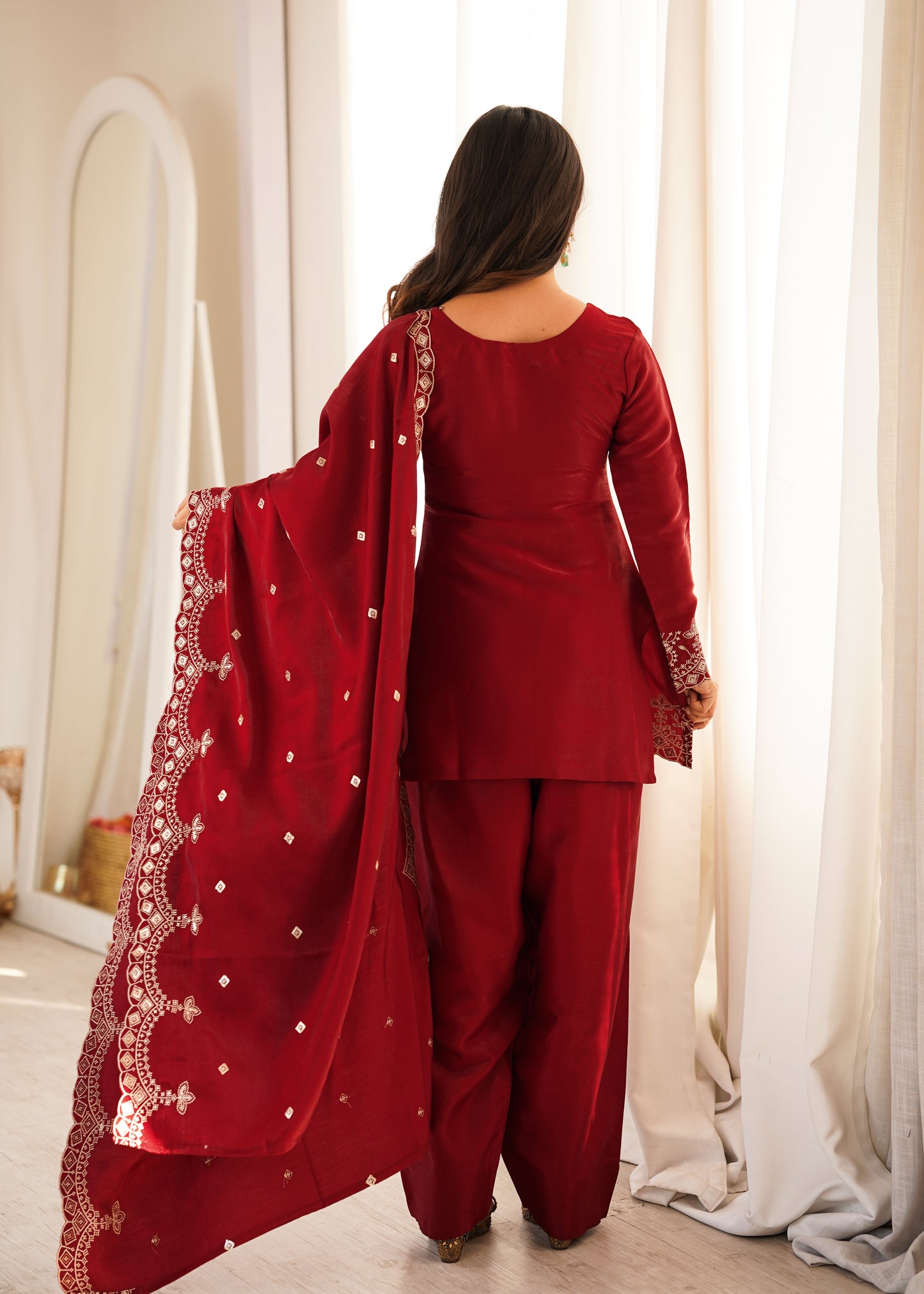 LadyVastara Elegant Glass Roman Silk Kurta Farshi Shalwar Set with Embroidered Dupatta