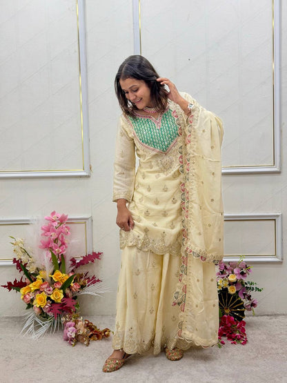 Chinon Silk Embroidered Mirror Work Palazzo Suit Set with Dupatta