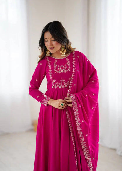 LadyVastara Premium Roman Chanderi Silk Flared Anarkali Suit Set with Embroidered Dupatta for Wedding & Festive Wear
