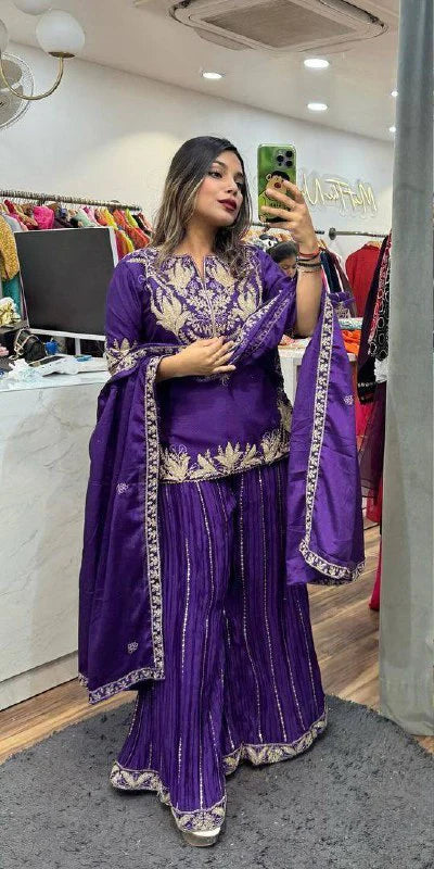 LadyVastara Elegant Chinnon Sharara Set with Intricate Embroidery