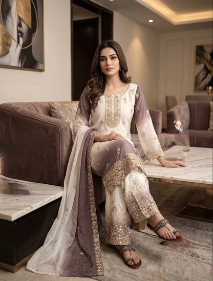 Heavy Dual Tone Georgette Embroidered Diamond Work Kurta Palazzo Set