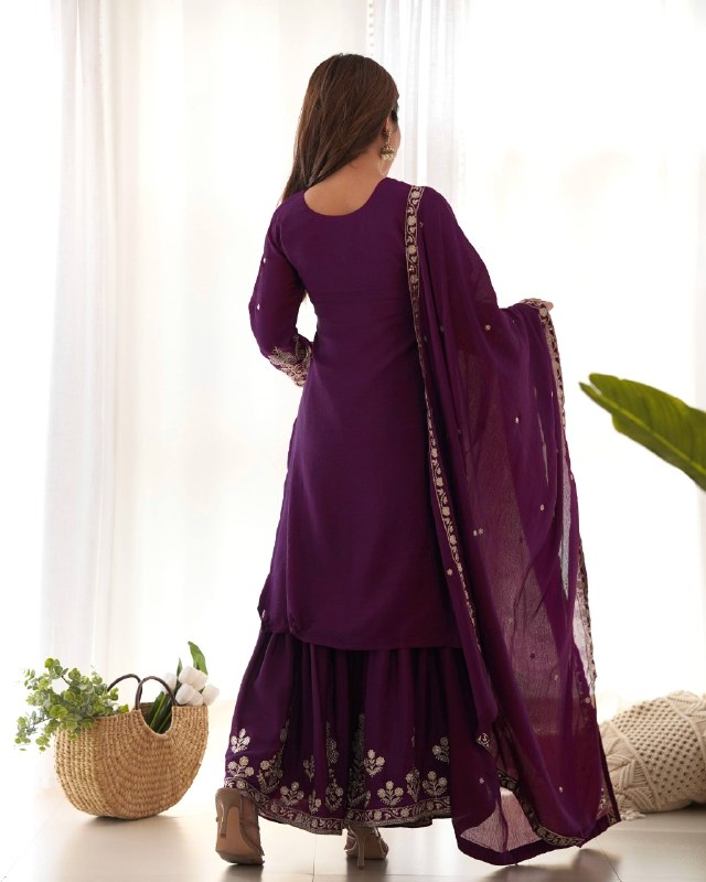 LadyVastara Designer Chinon Silk Kediyakurta with Sharara & Dupatta Set