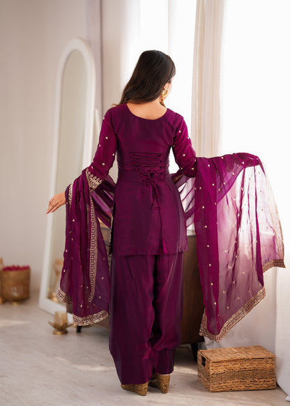LadyVastara Heavy Fendy Silk Embroidered Kurta with Farshi Shalwar & Roman Silk Dupatta