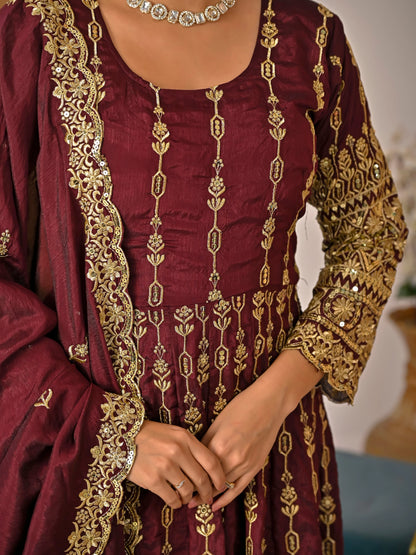 LadyVastara Elegant Maroon Ethnic Kurta Palazzo Set with Full Embroidery