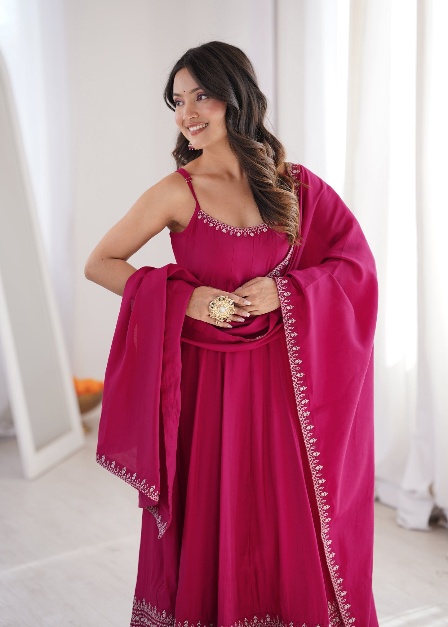 LadyVastara Elegant Sleeveless Roman Silk Chanderi Anarkali Dress