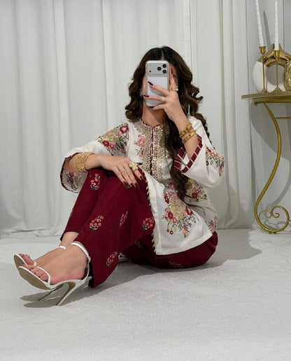 Ladyvastara Premium Faux Georgette Kurti Set with Heavy Embroidery & Pearl Dupatta