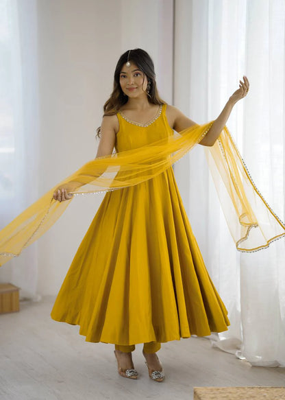 LadyVastara Premium Chanderi RomanSilk Anarkali with Soft Net Dupatta & Fancy Lace Work