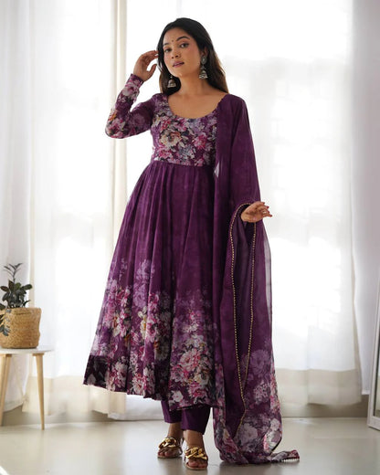 LadyVastara Pure Soft Organza Silk Fully Flared Kali Cut Anarkali Suit Set with Dupatta & Pant