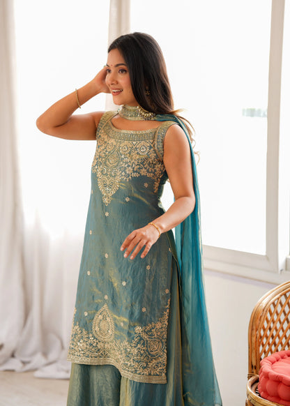 LadyVastara Premium Pure Fendy Silk Embroidered Sharara Set with Dupatta
