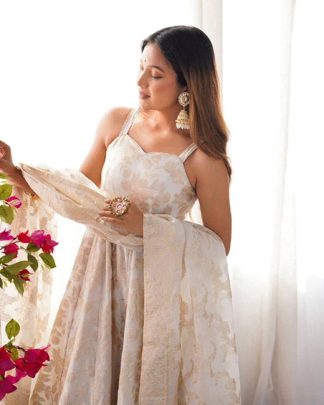 LadyVastara Royal Banarasi Jackquard Dola Silk Anarkali Gown Set