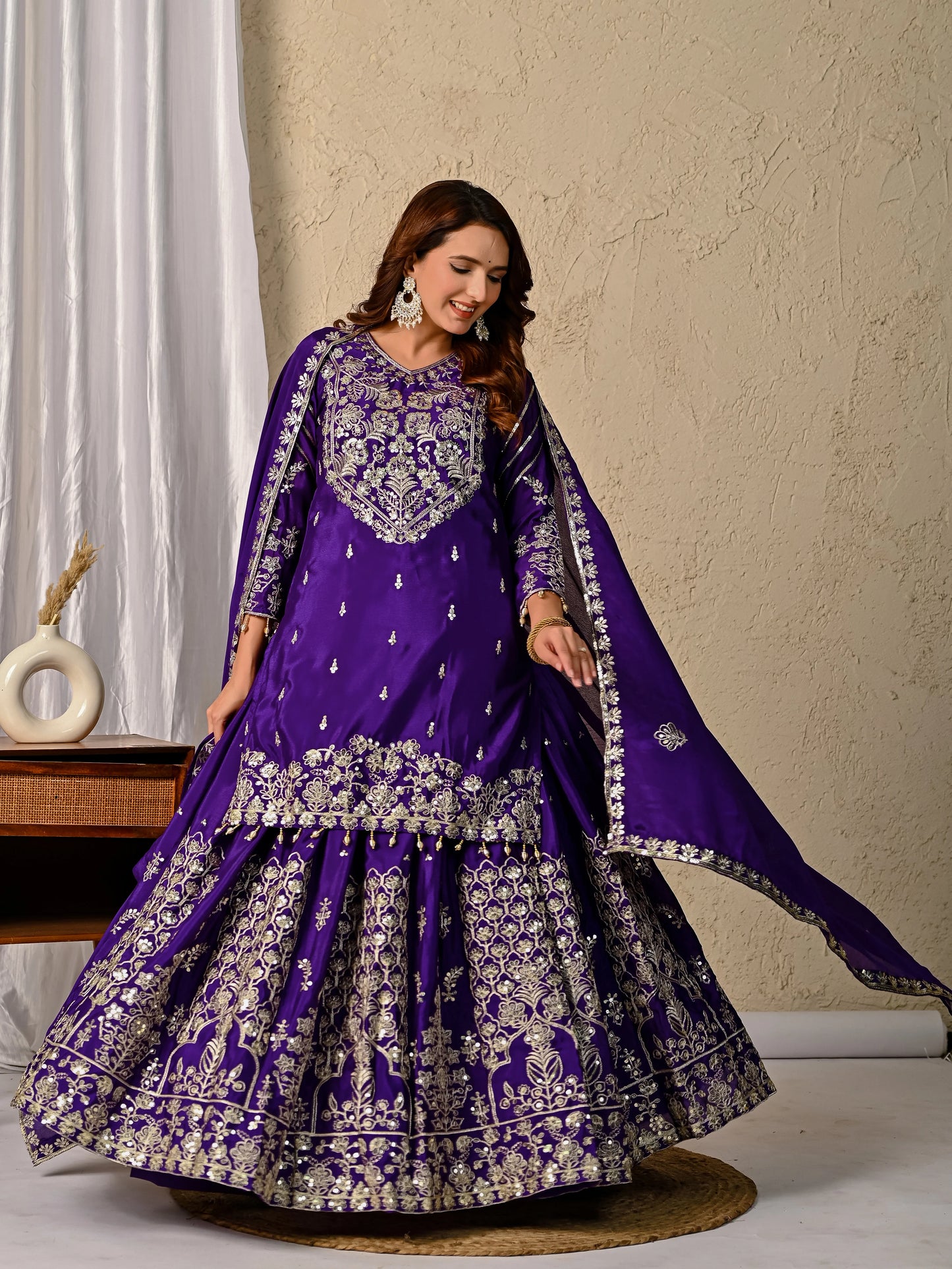 LadyVastara Royal Purple Luxurious Wedding & Party Wear Heavy Embroidered Sharara Suit