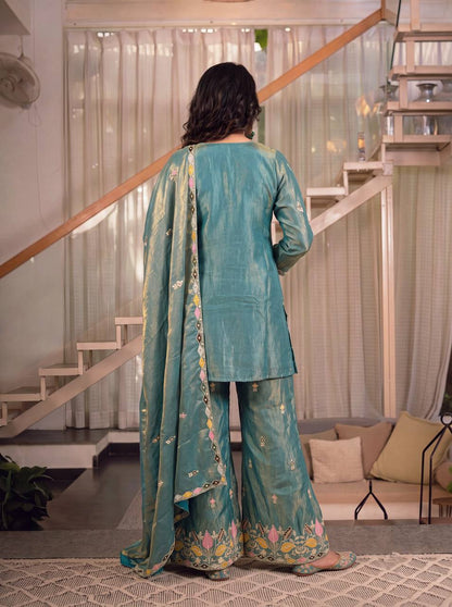 LadyVastara Premium Sindoori Satin Silk Embroidered Palazzo Suit Set for Women