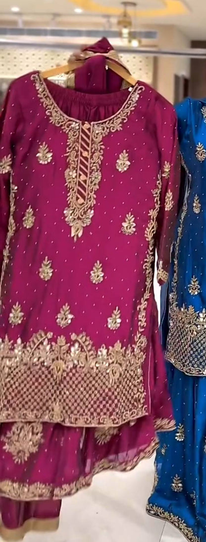 Ladyvastara Heavy Chinon Silk Sequence Embroidery Sharara Set with Dupatta
