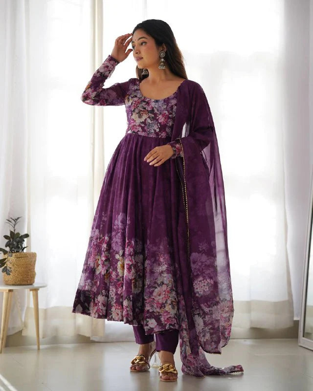 LadyVastara Pure Soft Organza Silk Fully Flared Kali Cut Anarkali Suit Set with Dupatta & Pant