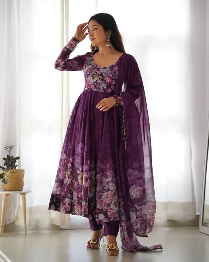 LadyVastara Pure Soft Organza Silk Fully Flared Kali Cut Anarkali Suit Set with Dupatta & Pant