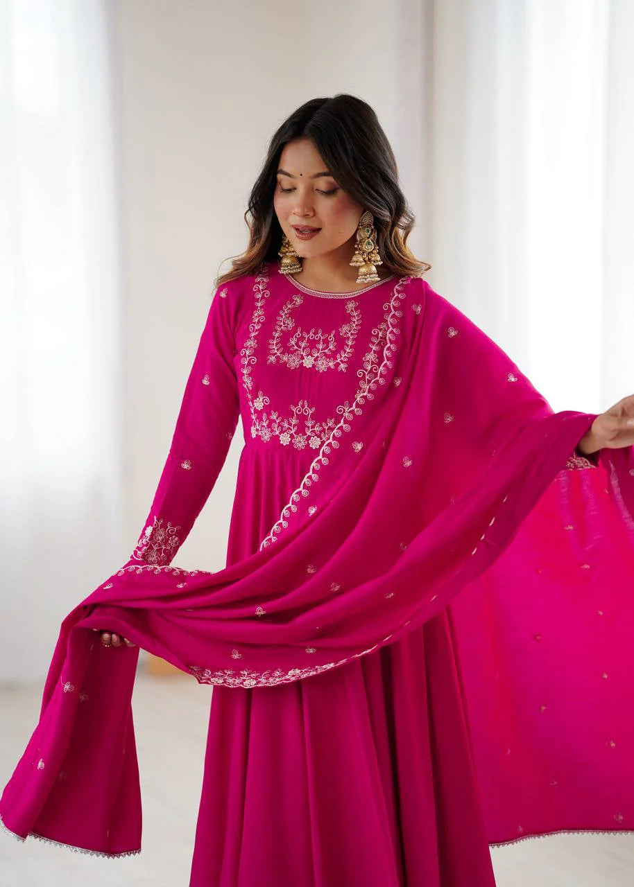 LadyVastara Premium Roman Chanderi Silk Flared Anarkali Suit Set with Embroidered Dupatta for Wedding & Festive Wear