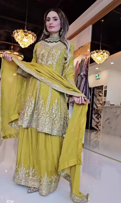 LadyVastara Heavy Chinon Silk Embroidered Top Sharara Palazzo Set with Dupatta