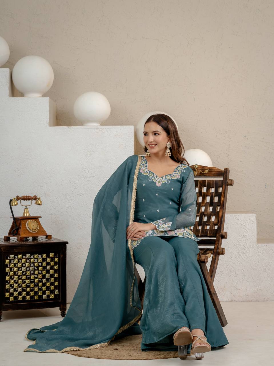 LadyVastara Heavy Crunchy Silk Embroidered Kurta Set with Palazzo & Dupatta