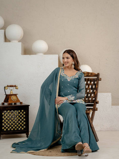 LadyVastara Heavy Crunchy Silk Embroidered Kurta Set with Palazzo & Dupatta