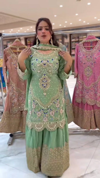 LadyVastara Mint Green Embroidered Sharara Suit | Perfect for Wedding Functions & Reception