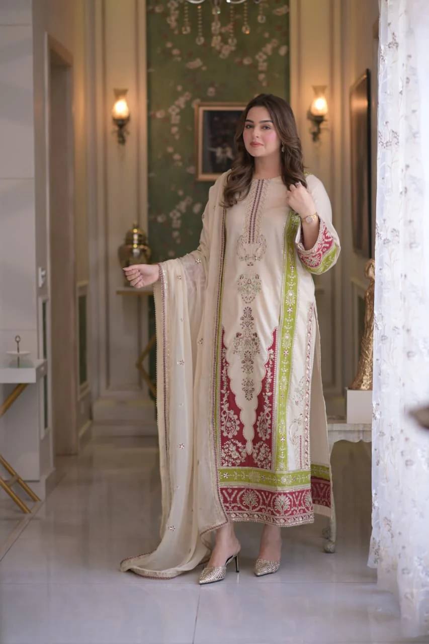 LadyVastara Elegant Embroidered Roman Silk Kurta Set for Festive Occasions