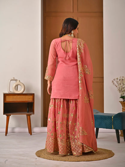 LadyVastara Royal Peach Crunchy Silk Embroidered Sharara Set