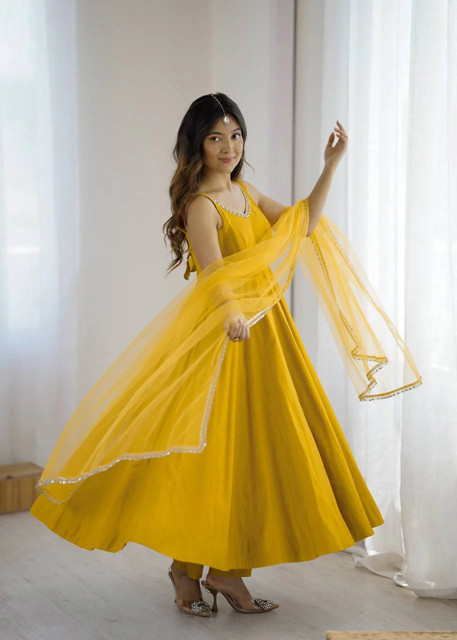 LadyVastara Premium Chanderi RomanSilk Anarkali with Soft Net Dupatta & Fancy Lace Work