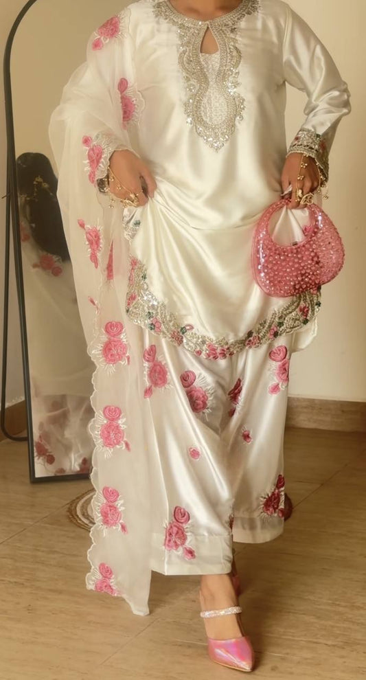 Ladyvastara Heavy Japan Satin Kurti Set with Farshi Salwar & Organza Dupatta