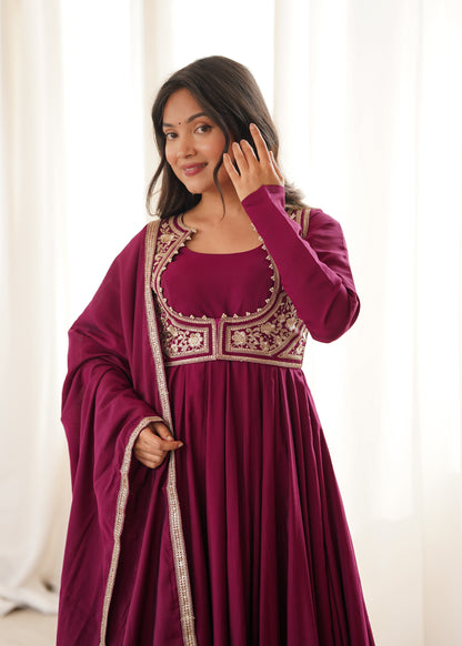 LadyVastara Heavy Pure Roman Silk Chanderi Anarkali Gown with Fancy Jacket, Pant & Embroidered Dupatta