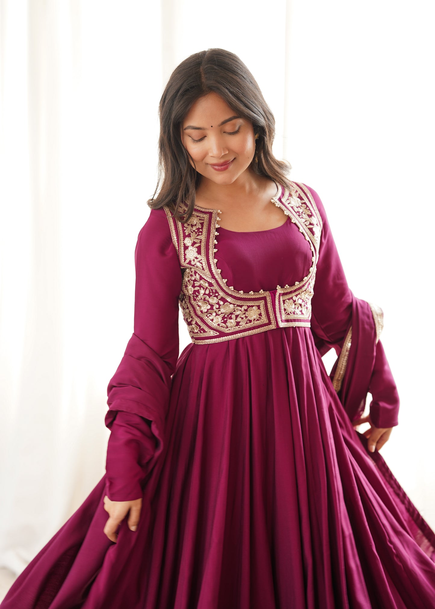 LadyVastara Heavy Pure Roman Silk Chanderi Anarkali Gown with Fancy Jacket, Pant & Embroidered Dupatta