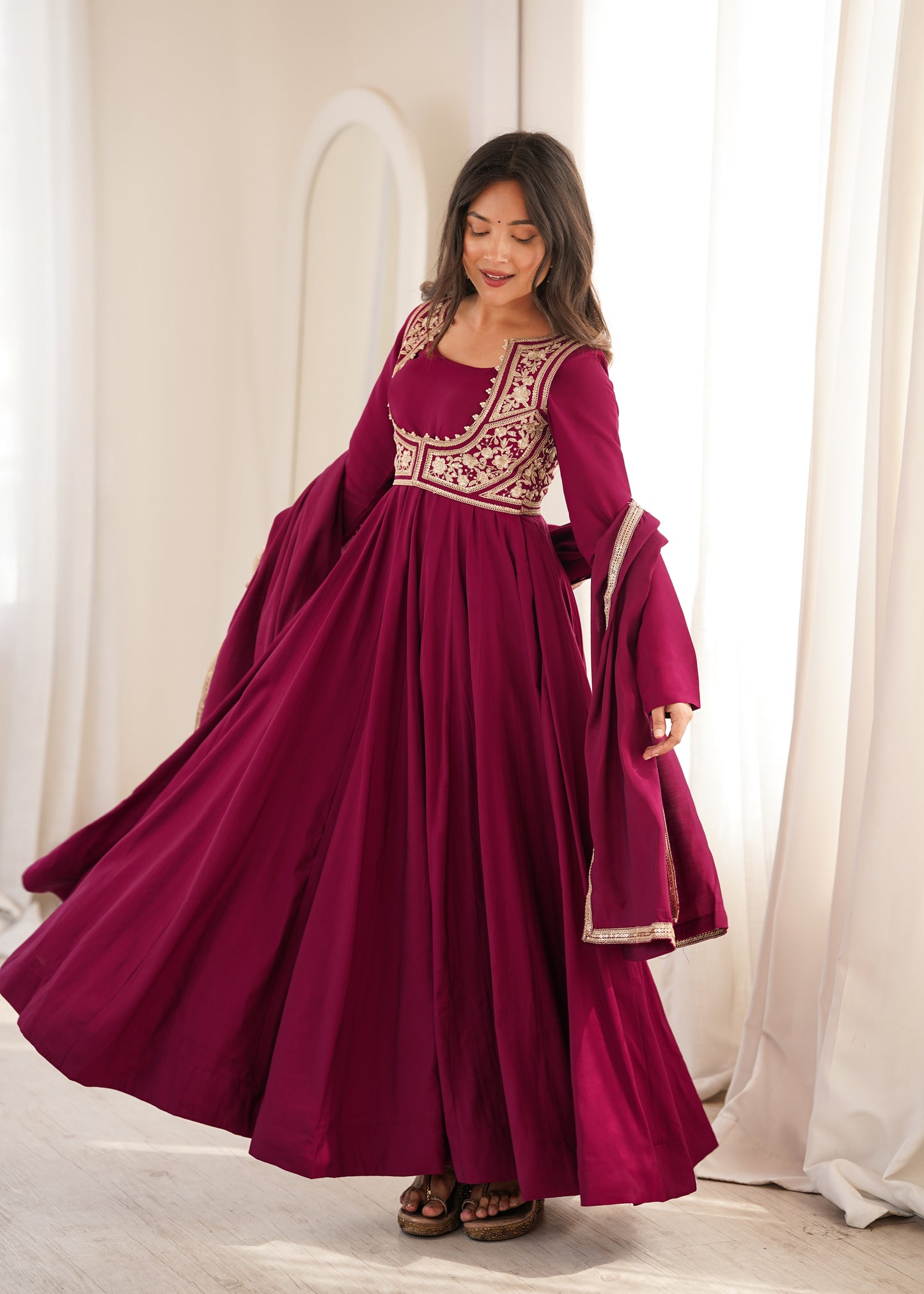 LadyVastara Heavy Pure Roman Silk Chanderi Anarkali Gown with Fancy Jacket, Pant & Embroidered Dupatta