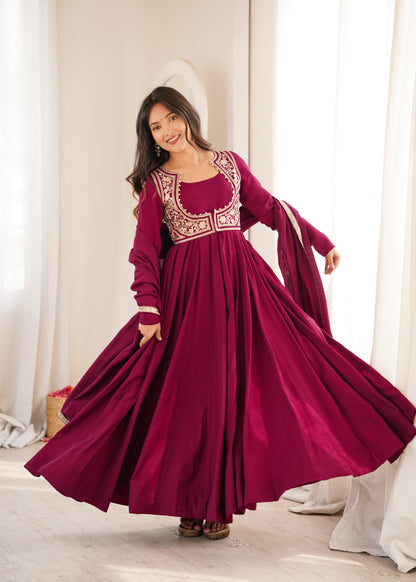 LadyVastara Heavy Pure Roman Silk Chanderi Anarkali Gown with Fancy Jacket, Pant & Embroidered Dupatta