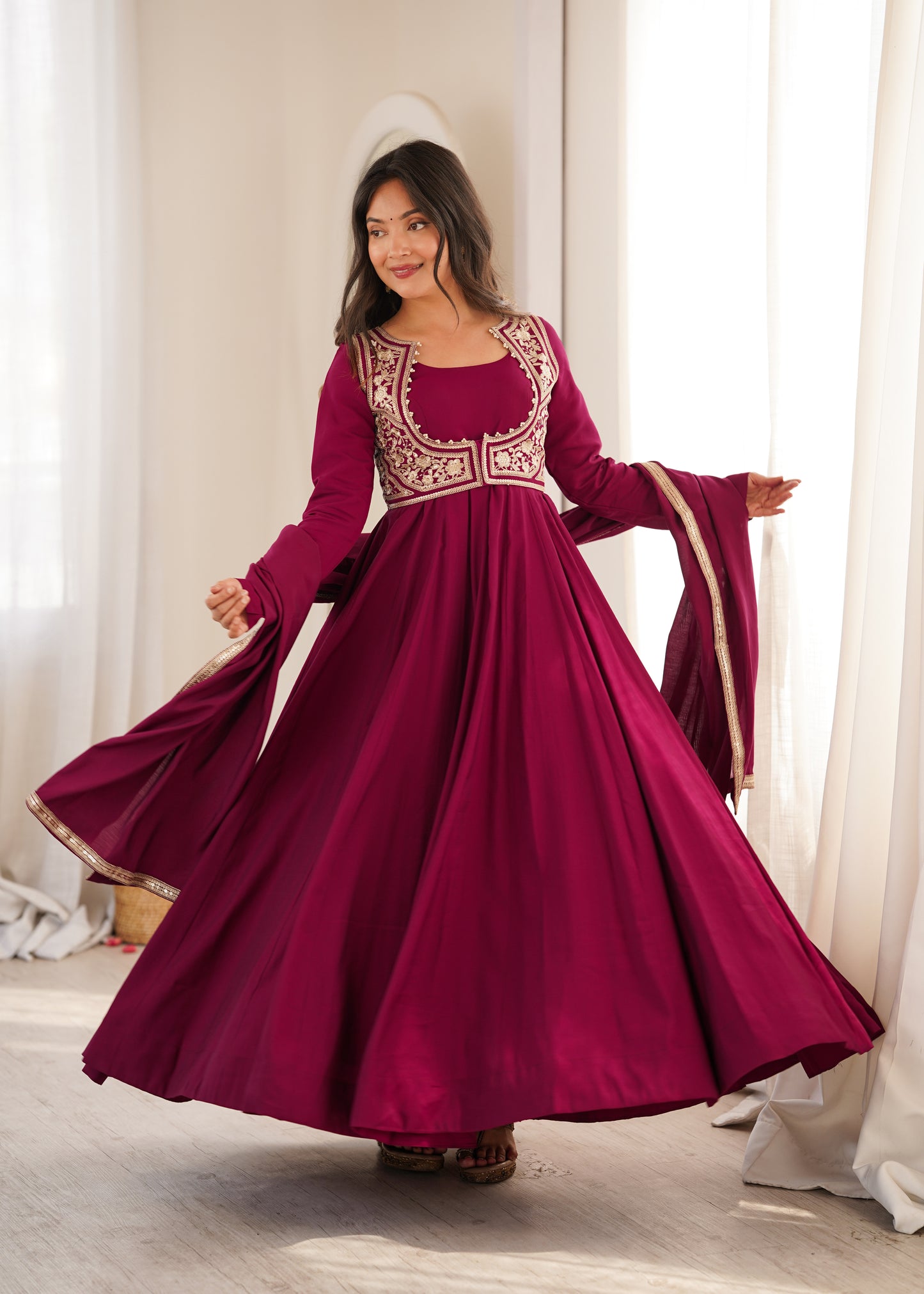 LadyVastara Heavy Pure Roman Silk Chanderi Anarkali Gown with Fancy Jacket, Pant & Embroidered Dupatta