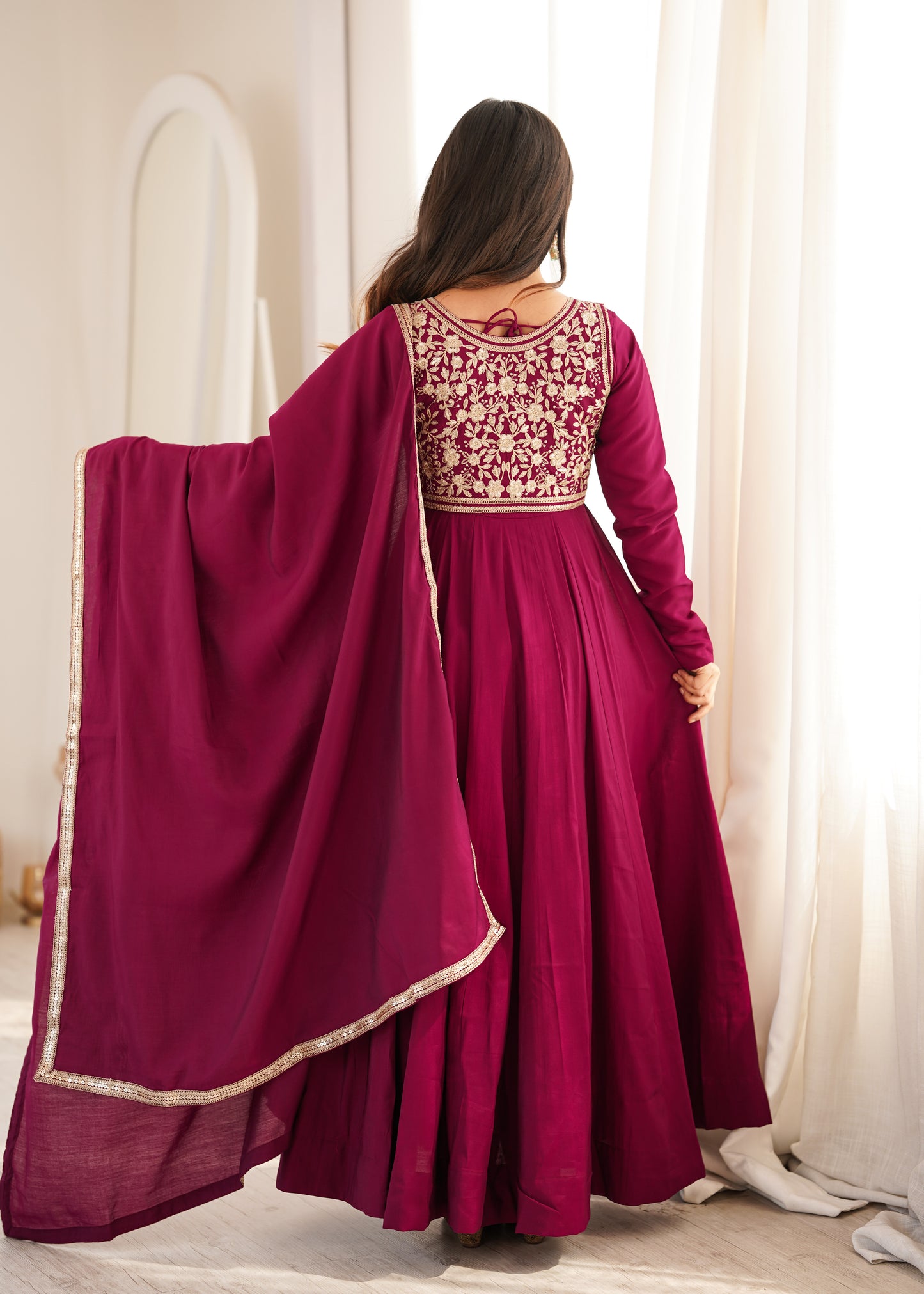LadyVastara Heavy Pure Roman Silk Chanderi Anarkali Gown with Fancy Jacket, Pant & Embroidered Dupatta