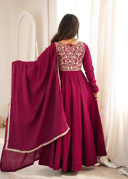 LadyVastara Heavy Pure Roman Silk Chanderi Anarkali Gown with Fancy Jacket, Pant & Embroidered Dupatta