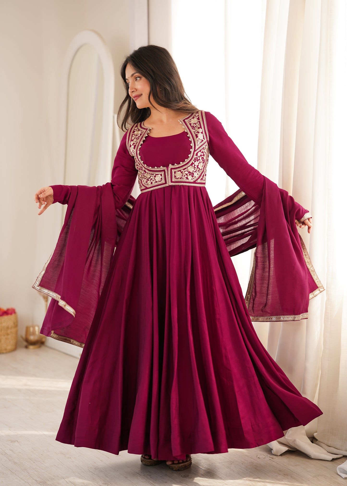LadyVastara Heavy Pure Roman Silk Chanderi Anarkali Gown with Fancy Jacket, Pant & Embroidered Dupatta