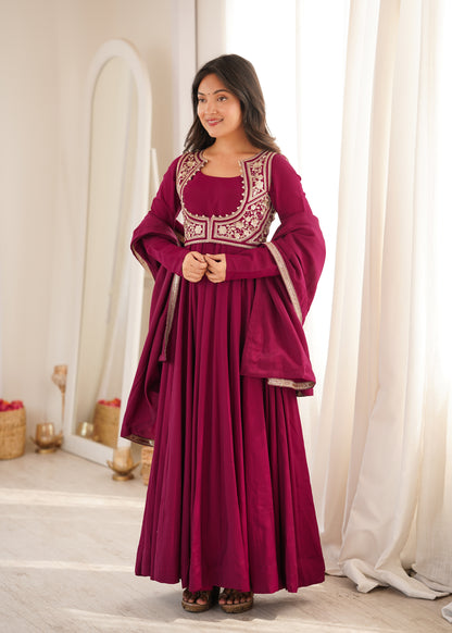 LadyVastara Heavy Pure Roman Silk Chanderi Anarkali Gown with Fancy Jacket, Pant & Embroidered Dupatta