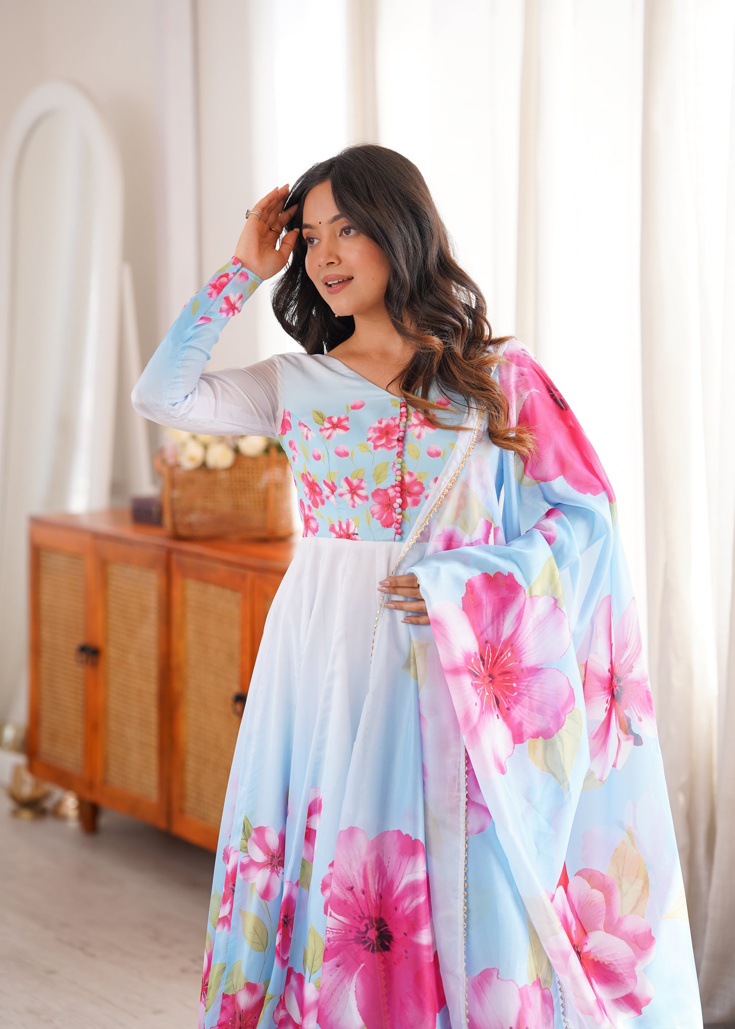 LadyVastara Heavy Organza Silk Floral Print Anarkali Suit with Dupatta & Pant