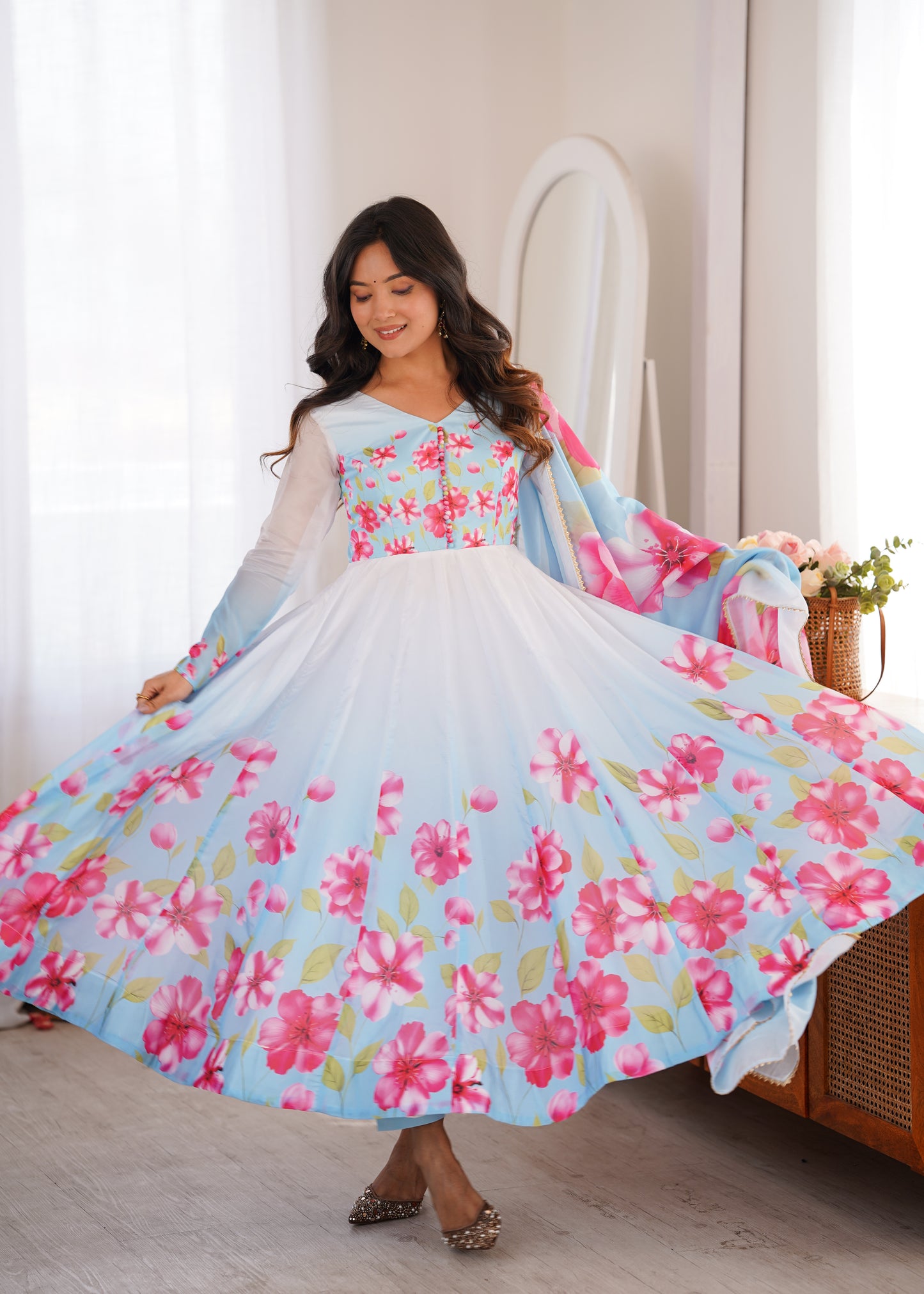 LadyVastara Heavy Organza Silk Floral Print Anarkali Suit with Dupatta & Pant