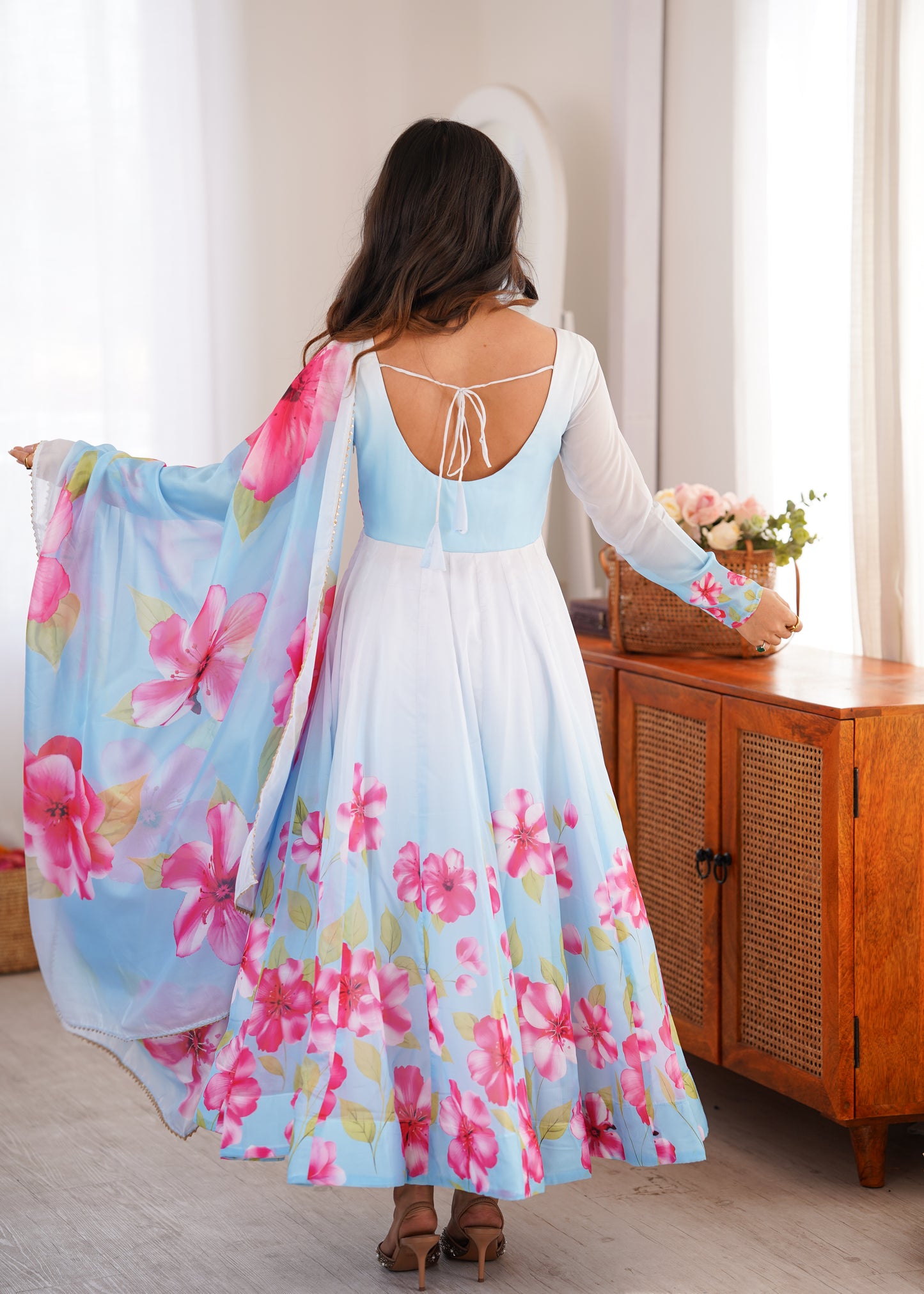 LadyVastara Heavy Organza Silk Floral Print Anarkali Suit with Dupatta & Pant