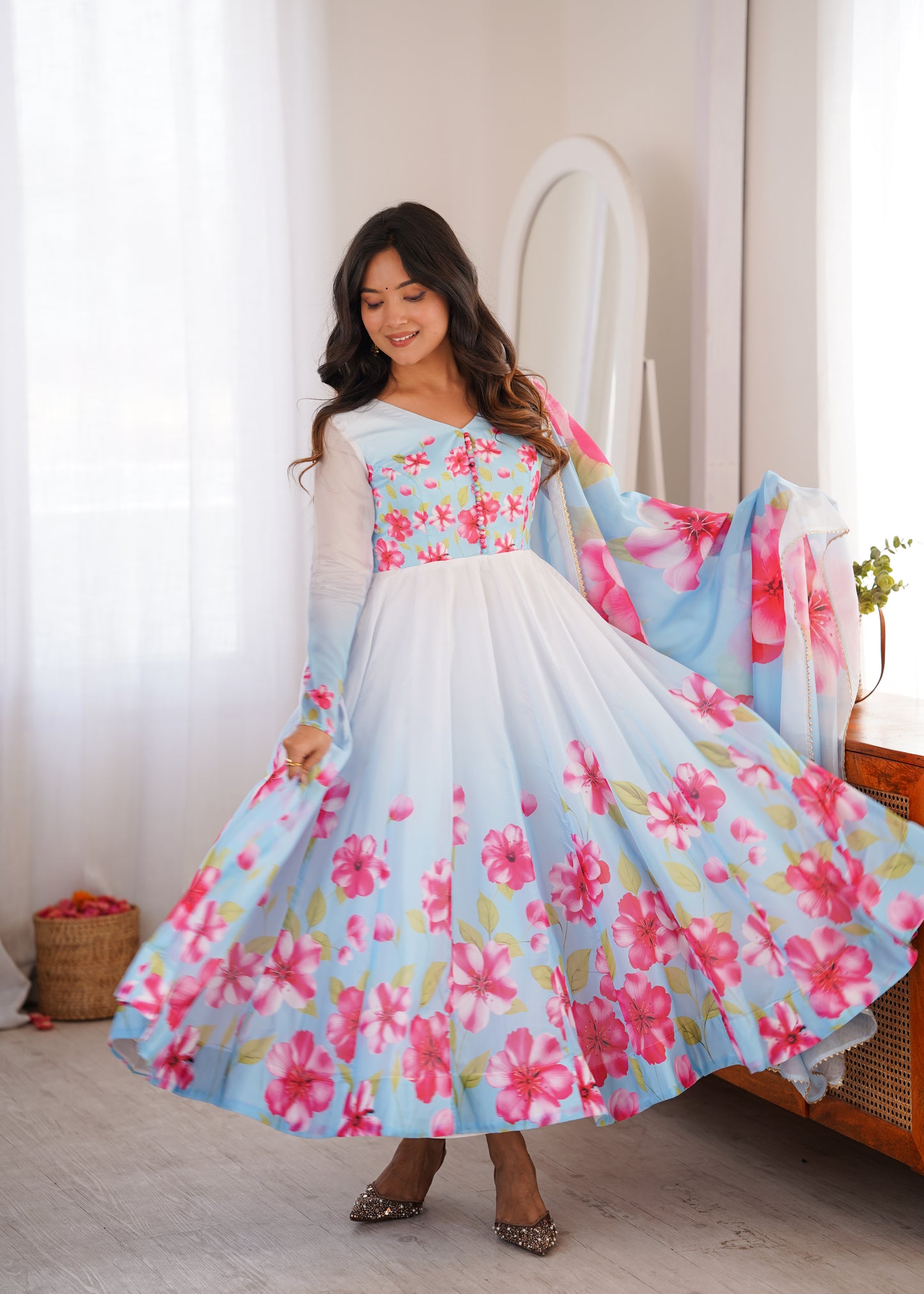 LadyVastara Heavy Organza Silk Floral Print Anarkali Suit with Dupatta & Pant