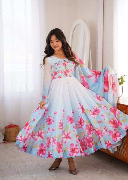LadyVastara Heavy Organza Silk Floral Print Anarkali Suit with Dupatta & Pant