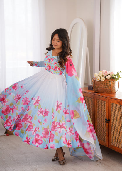 LadyVastara Heavy Organza Silk Floral Print Anarkali Suit with Dupatta & Pant