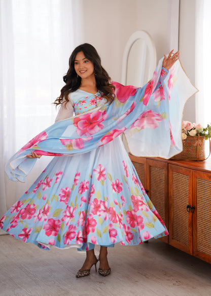 LadyVastara Heavy Organza Silk Floral Print Anarkali Suit with Dupatta & Pant