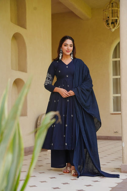 LadyVastara Heavy Embroidered Roman Silk Anarkali Suit with Palazzo and Dupatta