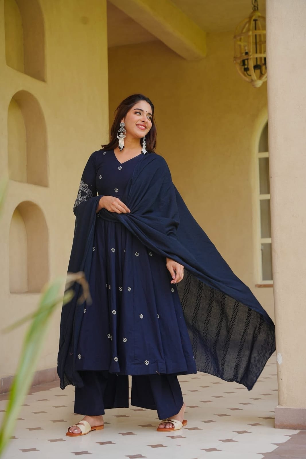 LadyVastara Heavy Embroidered Roman Silk Anarkali Suit with Palazzo and Dupatta