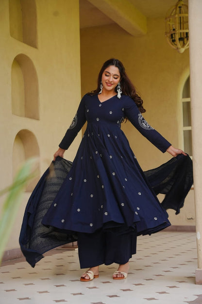 LadyVastara Heavy Embroidered Roman Silk Anarkali Suit with Palazzo and Dupatta