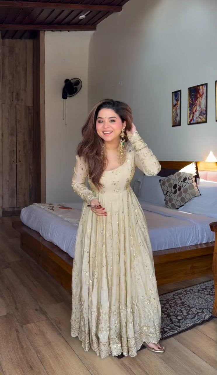 anarkali gown for women Party wear cream Anarkali dress with elegant look
Festive wear cream gown with embroidery and dupatta